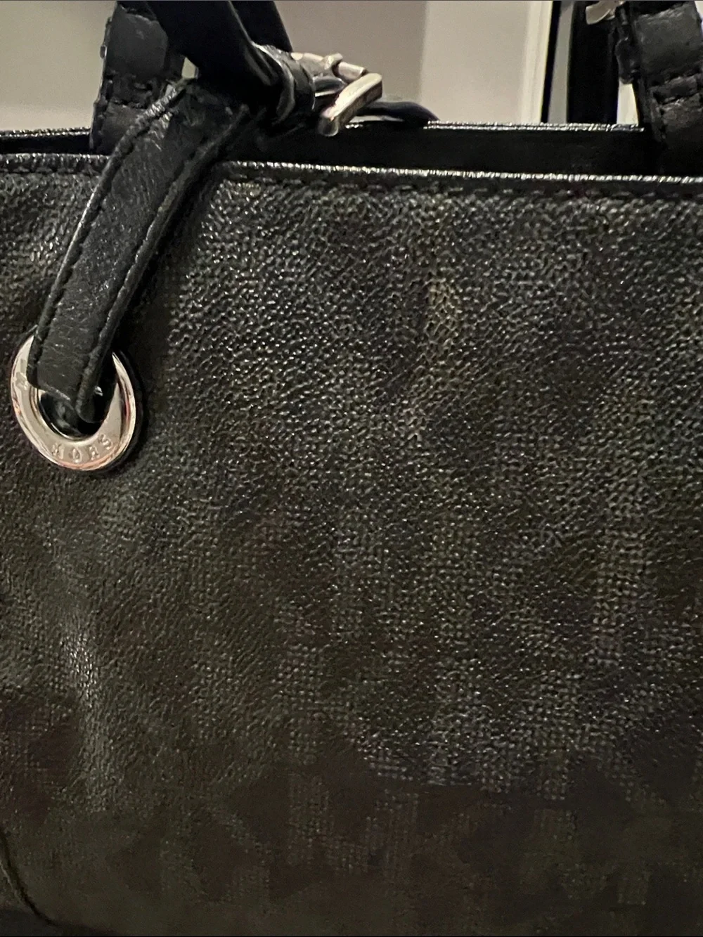 Michael Kors Black MK Monogram Tote with Silver Logo Charm